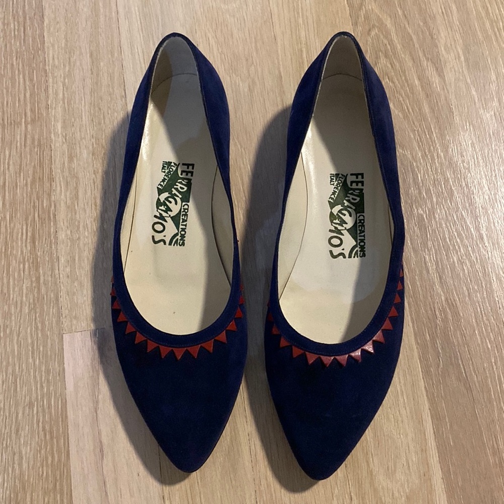 Salvatore Ferragamo Creations from the archives. Navy suede,leather trim.Sz8 1/2